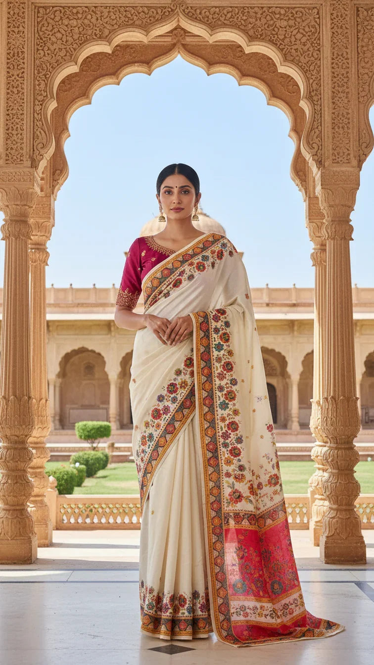 Dola silk Cream jacquard viscose Saree with Multicolor Floral Border & Rich Magnet pallu