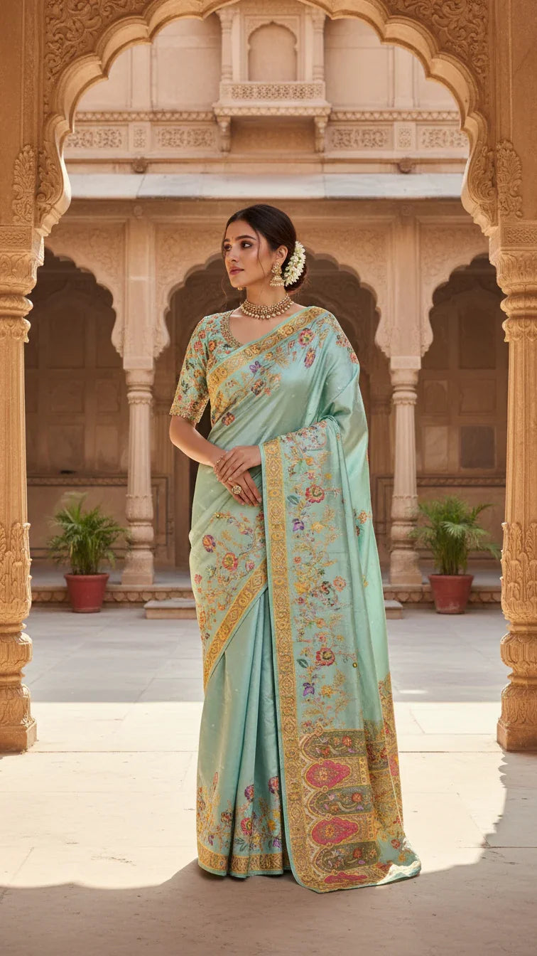 Rama Tissue Silk Saree With Position Print