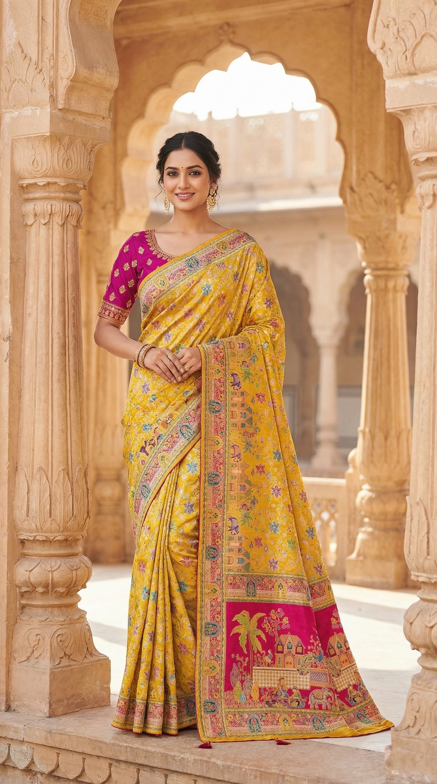 Dola silk Yellow  jacquard viscose Saree with Multicolor Floral Border