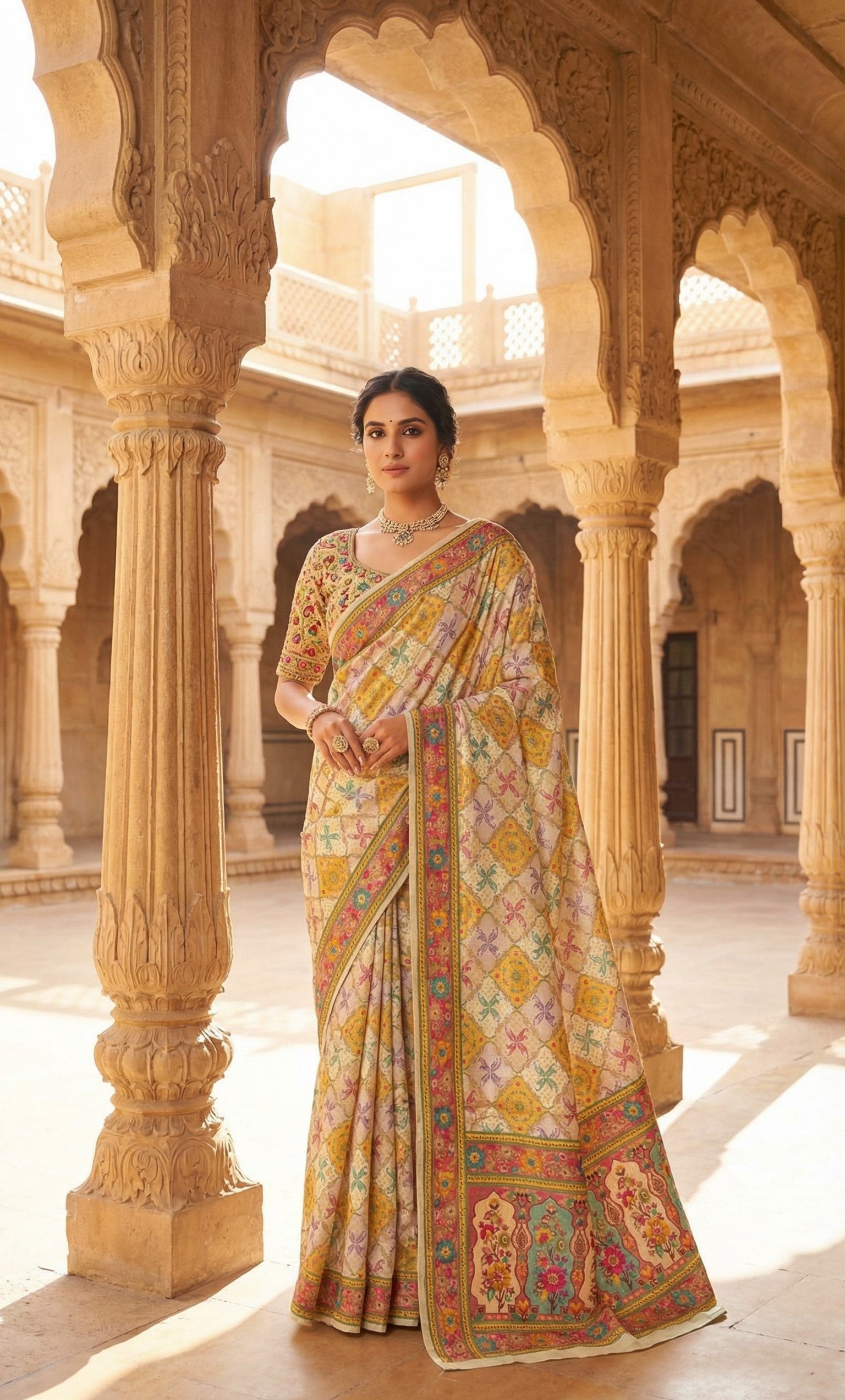 Cream Satin Saree with Multicolor Traditional Border with Position Print