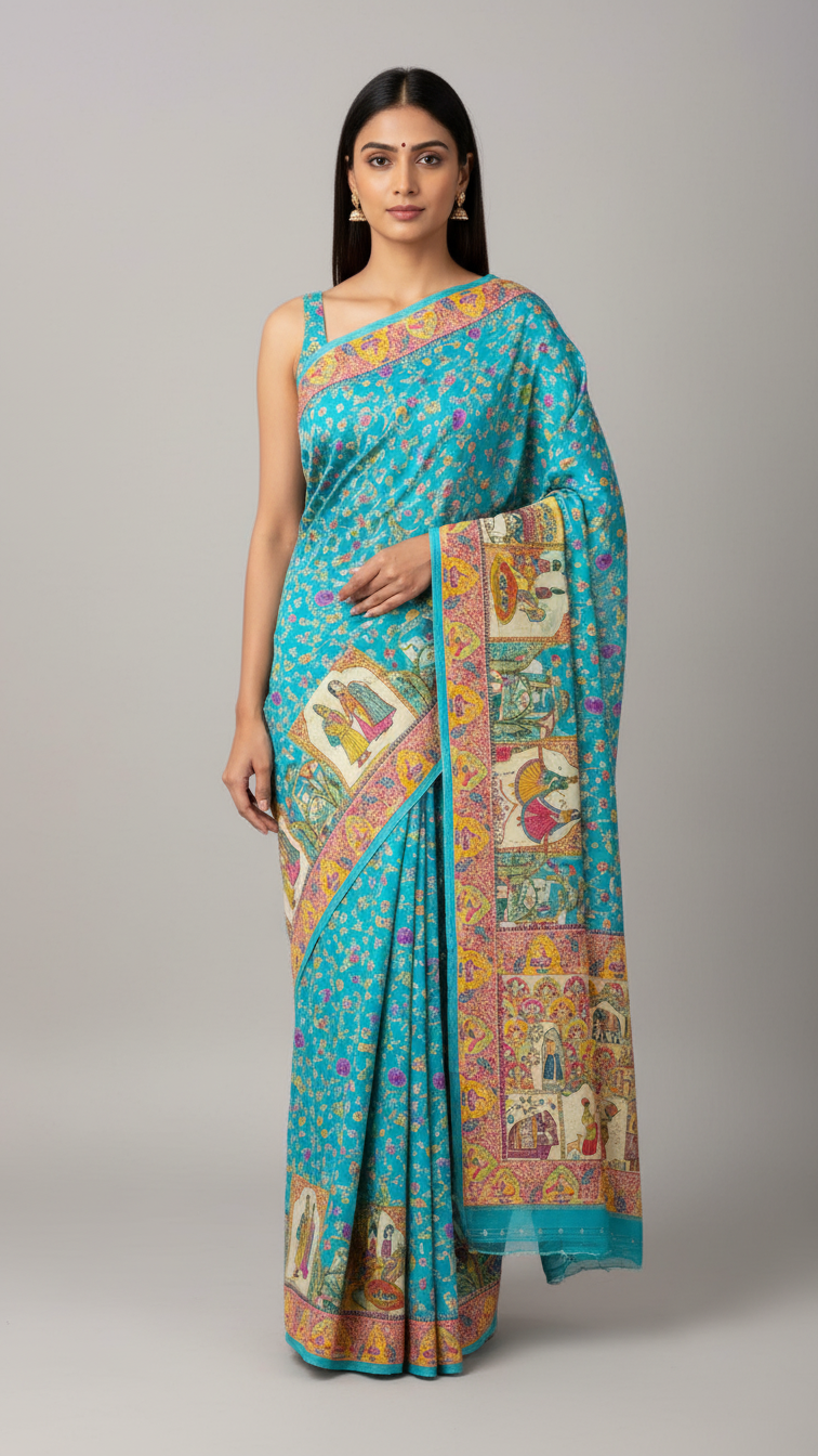 Dola silk Patrol blue jacquard viscose Saree with Multicolor Floral Border