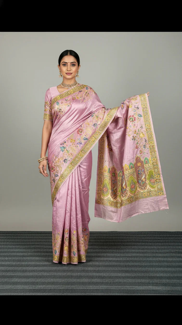 Blush Pink Tissue Silk Saree With Position Print