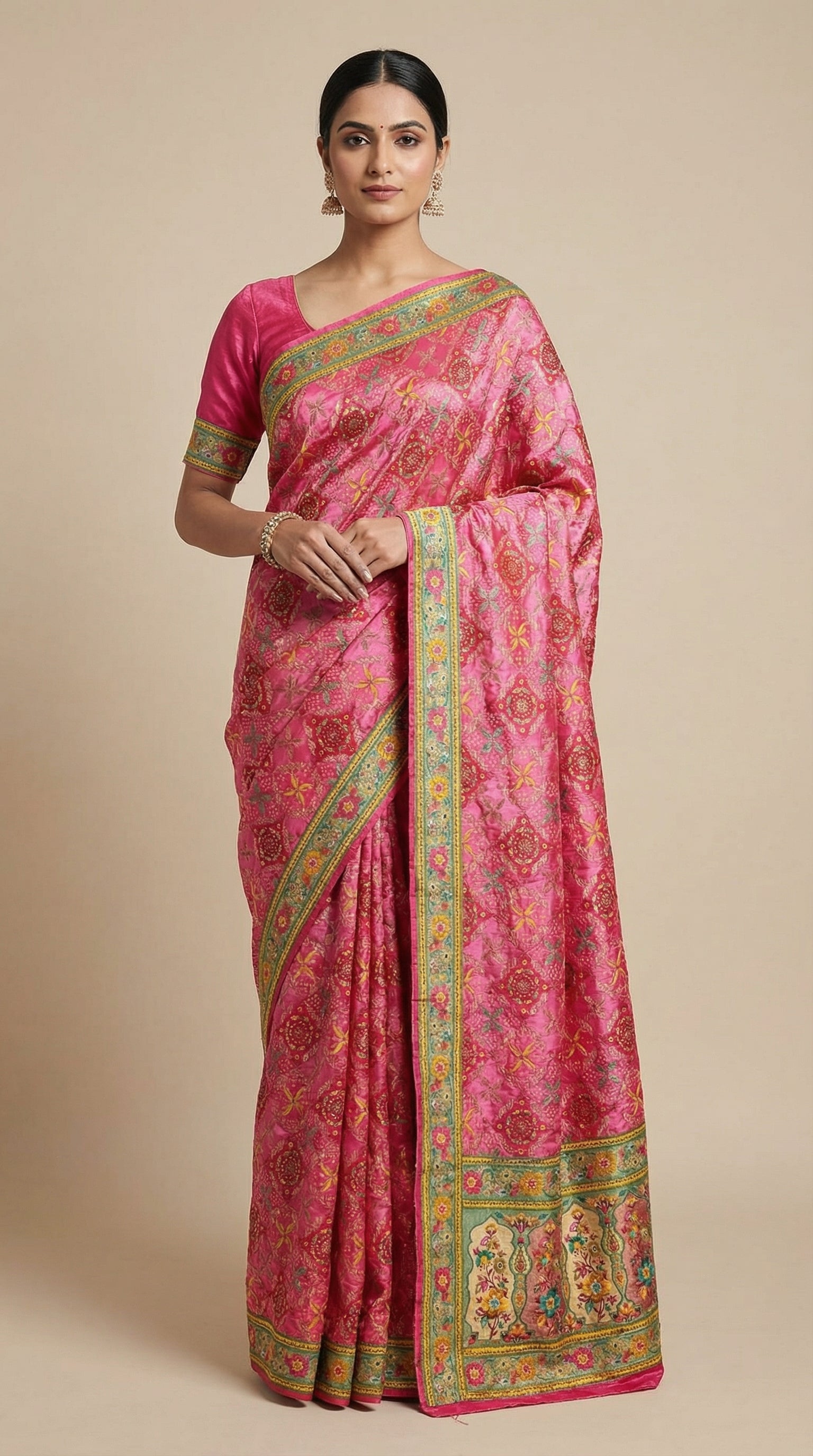 Rani Satin Saree with Multicolor Traditional Border with Position Print