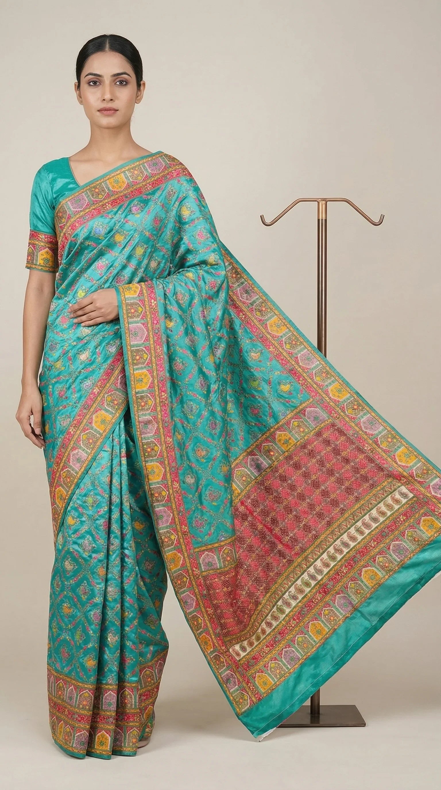 Rama Fancy Satin Traditional saree with Position Print