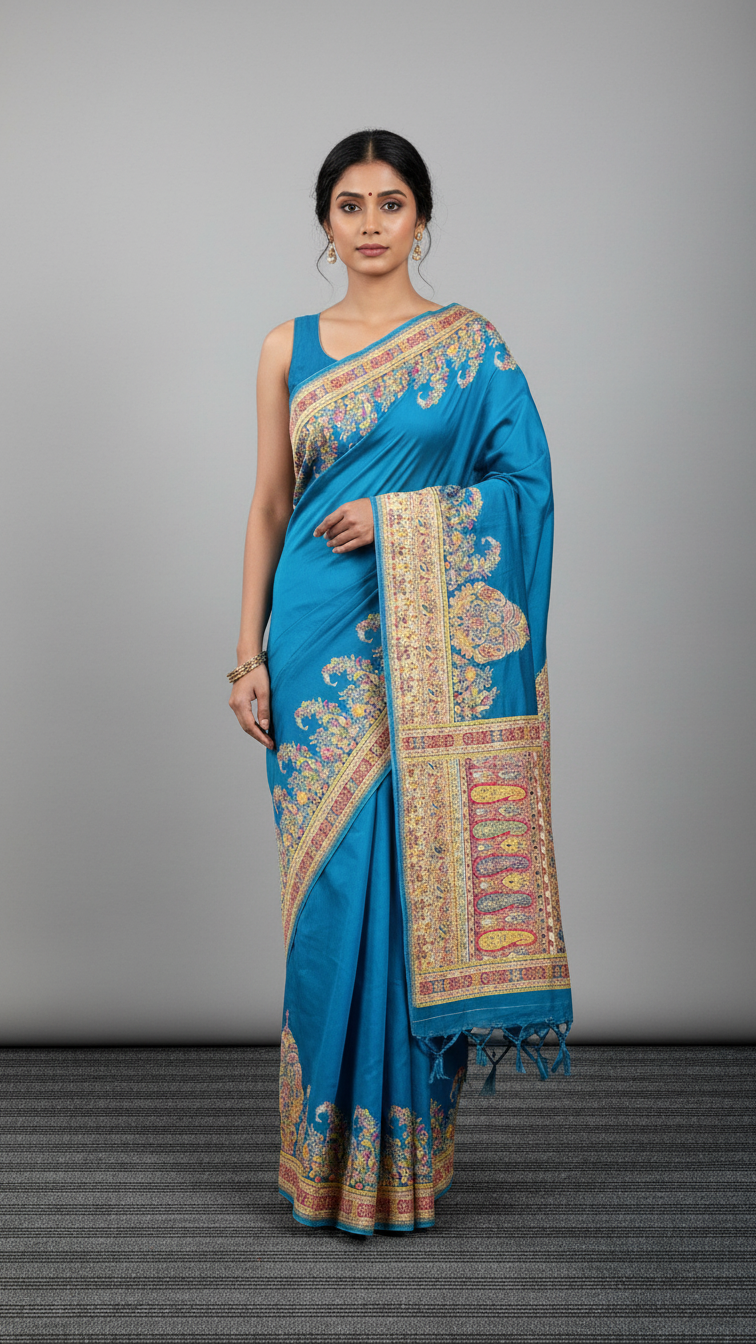 Rama Jacquard Viscose Saree With Position print