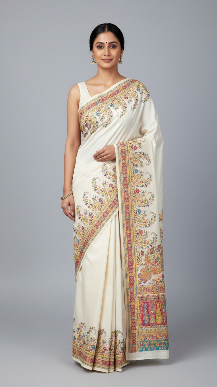 Cream Jacquard Viscose Saree With Position print
