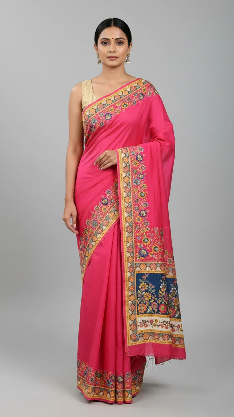 Dola silk Rani jacquard viscose Saree with Multicolor Floral Border & Rich Magnet pallu