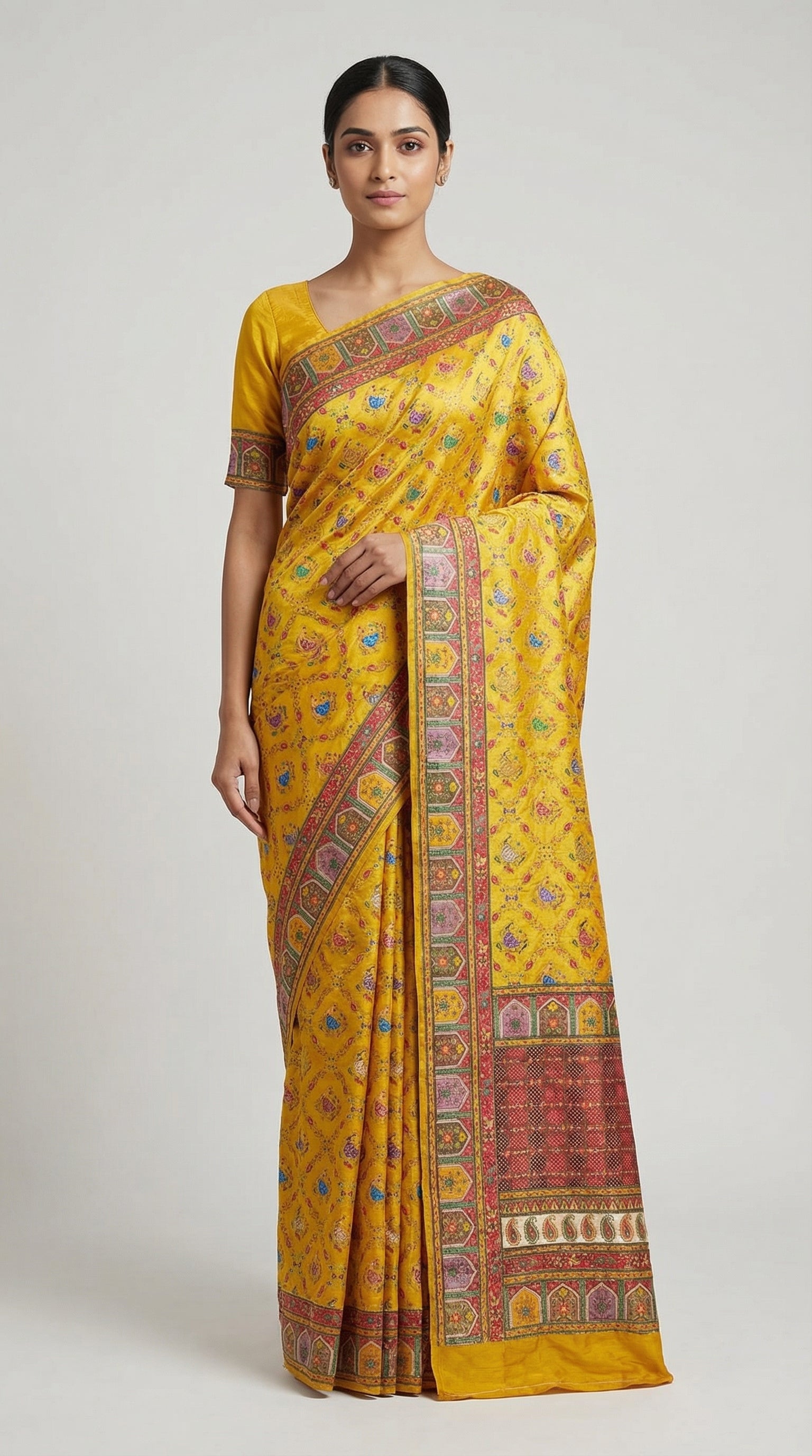 Yellow Fancy Satin Traditional saree with Position Print