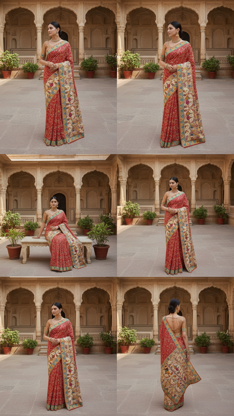 Dola silk red  jacquard viscose Saree with Multicolor Floral Border