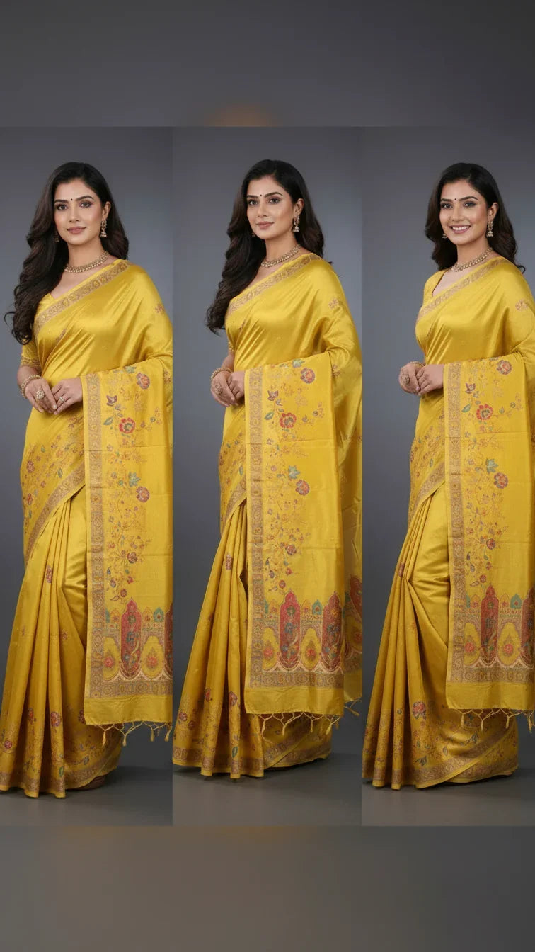 Mustard  Tissue Silk Saree With Position Print