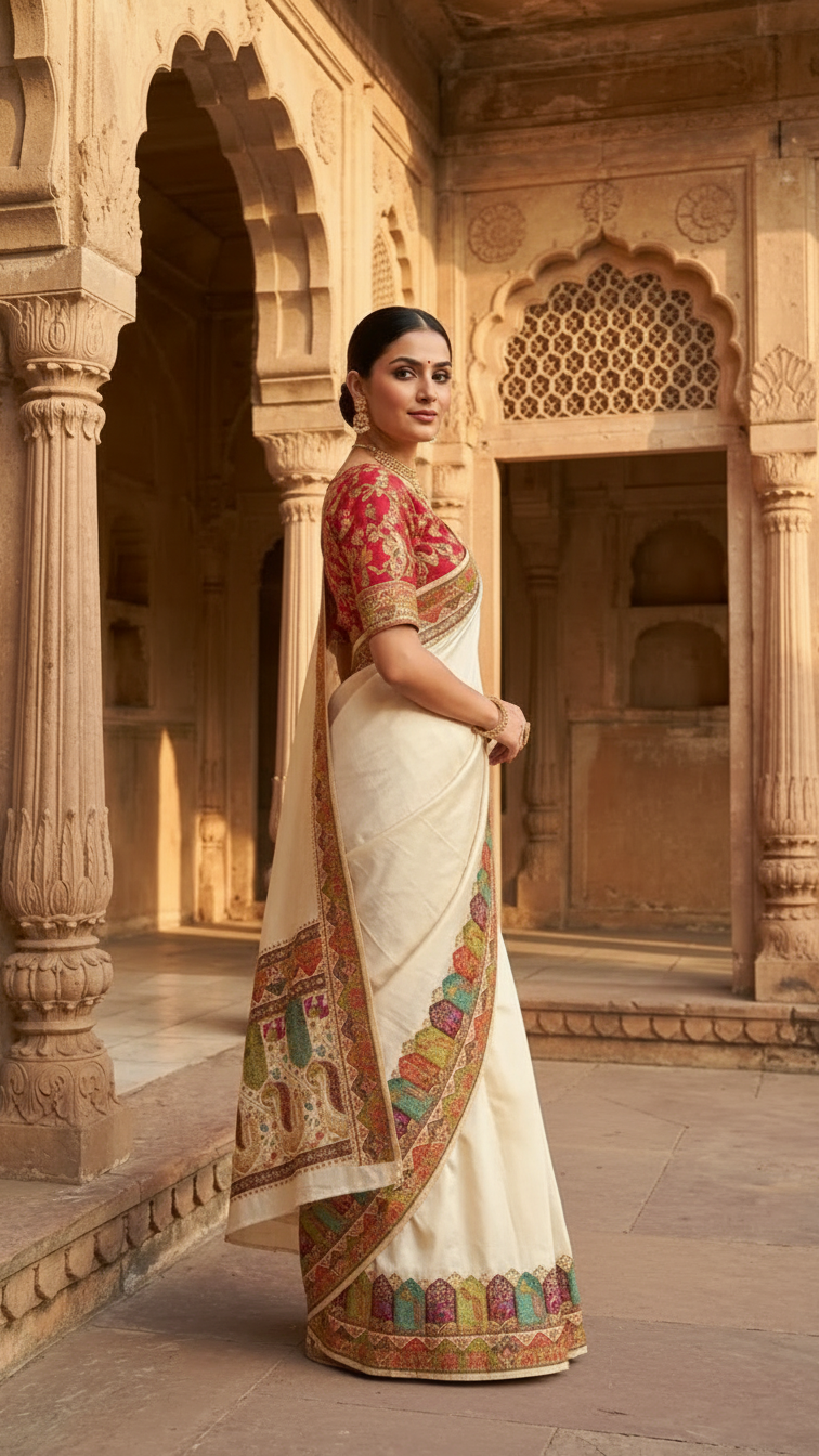 Cream Satin Saree with Multicolor Traditional Border with Position Print