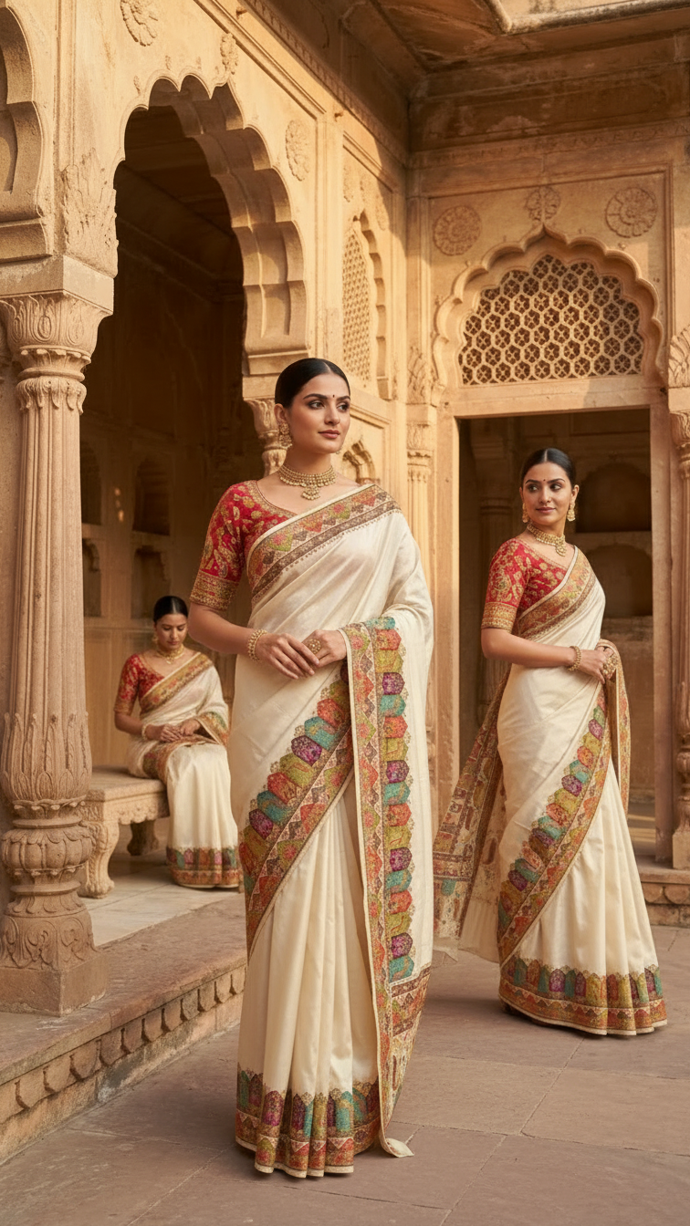 Cream Satin Saree with Multicolor Traditional Border with Position Print