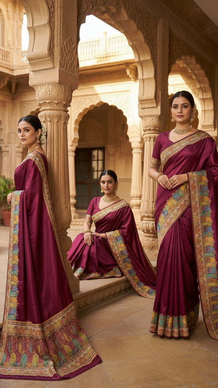 Wine Satin Saree with Multicolor Traditional Border with Position Print