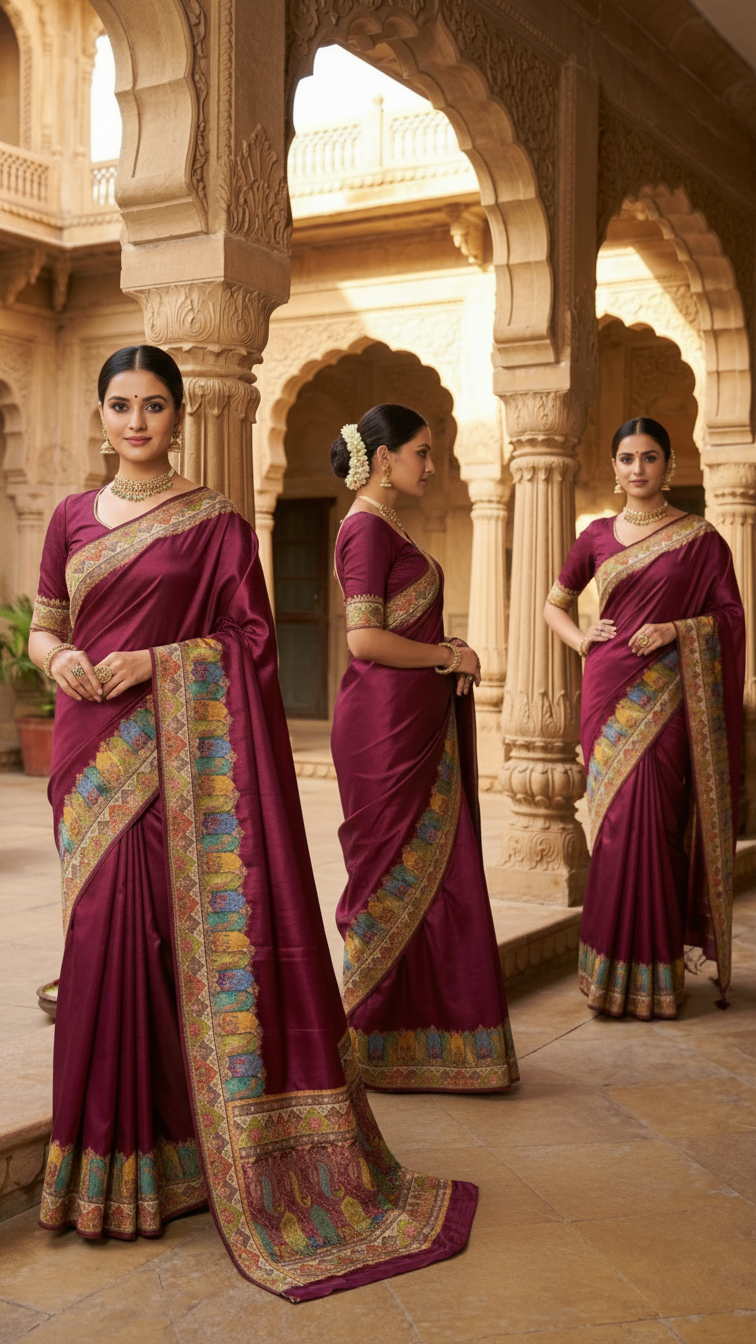 Wine Satin Saree with Multicolor Traditional Border with Position Print