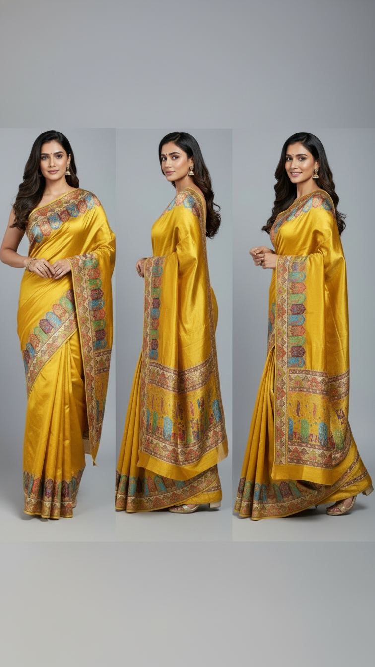 Yellow Satin Saree with Multicolor Traditional Border with Position Print