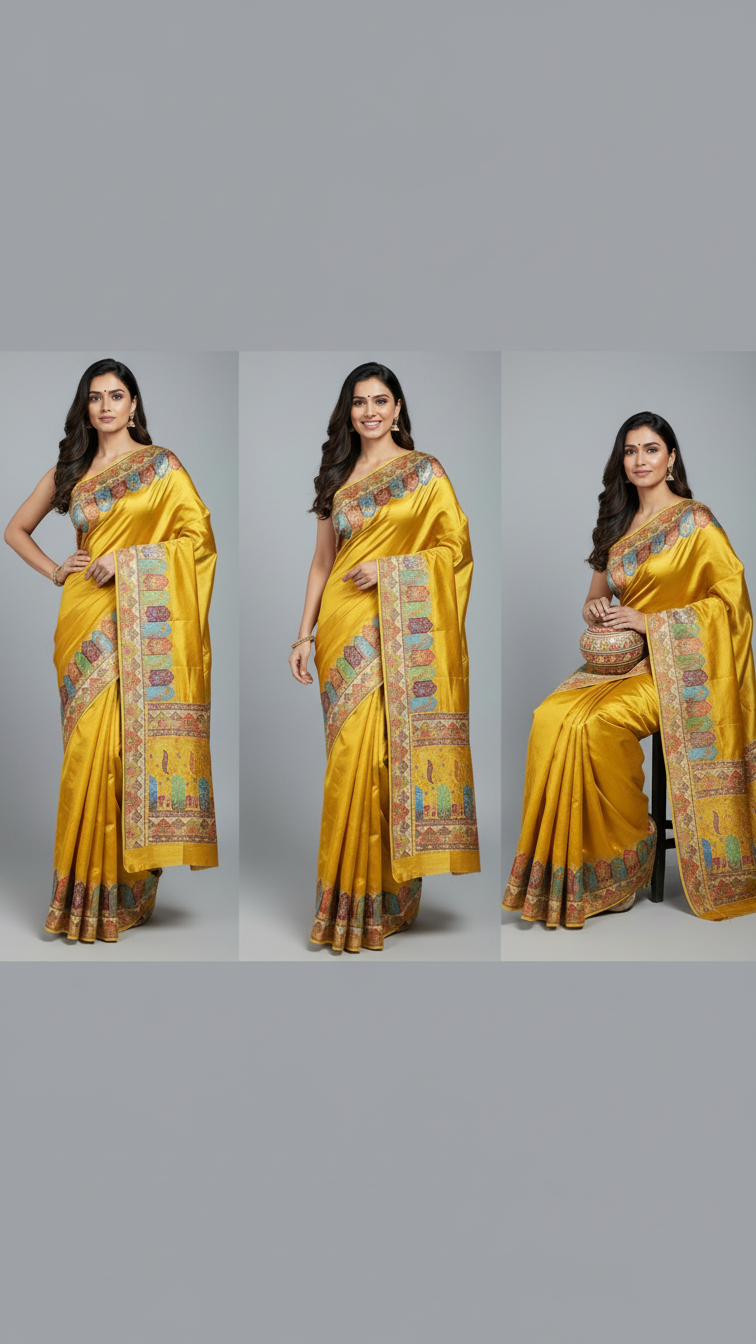 Yellow Satin Saree with Multicolor Traditional Border with Position Print