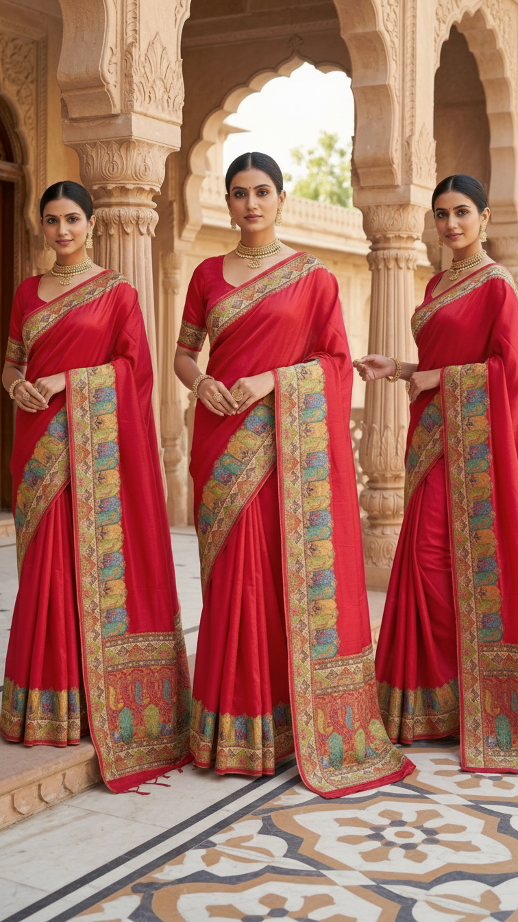 Red Satin Saree with Multicolor Traditional Border with Position Print