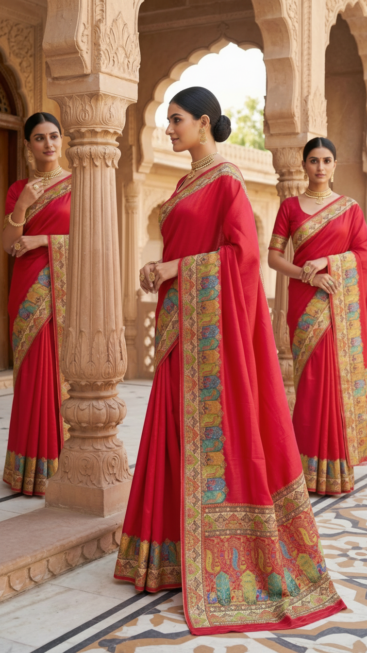 Red Satin Saree with Multicolor Traditional Border with Position Print