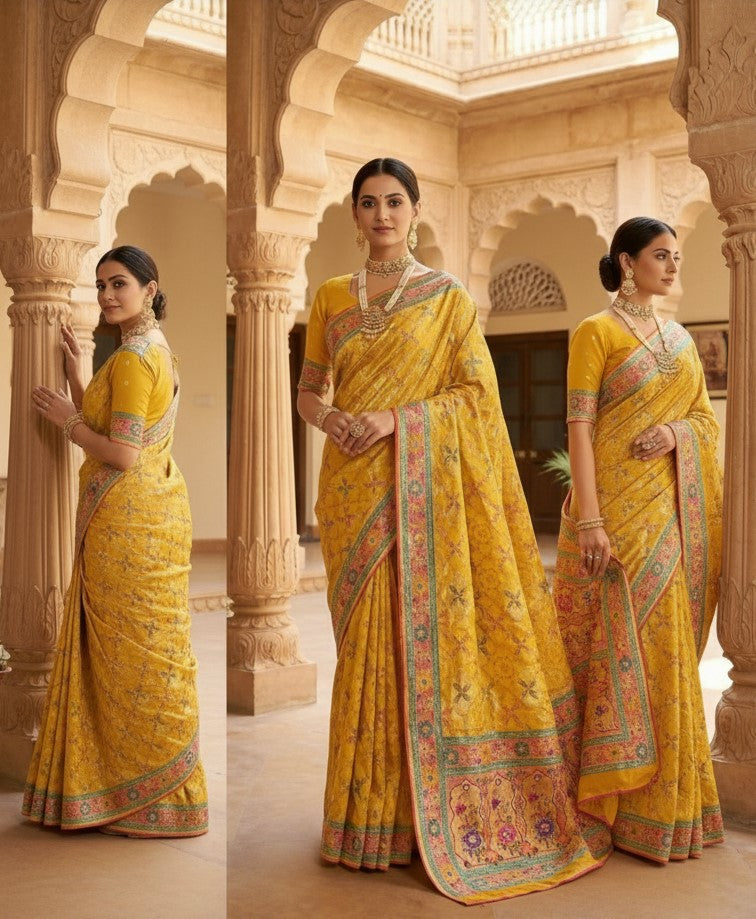 Yellow Satin Saree with Multicolor Traditional Border with Position Print