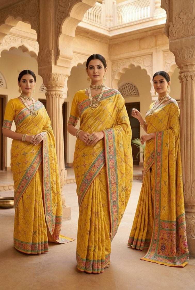 Yellow Satin Saree with Multicolor Traditional Border with Position Print