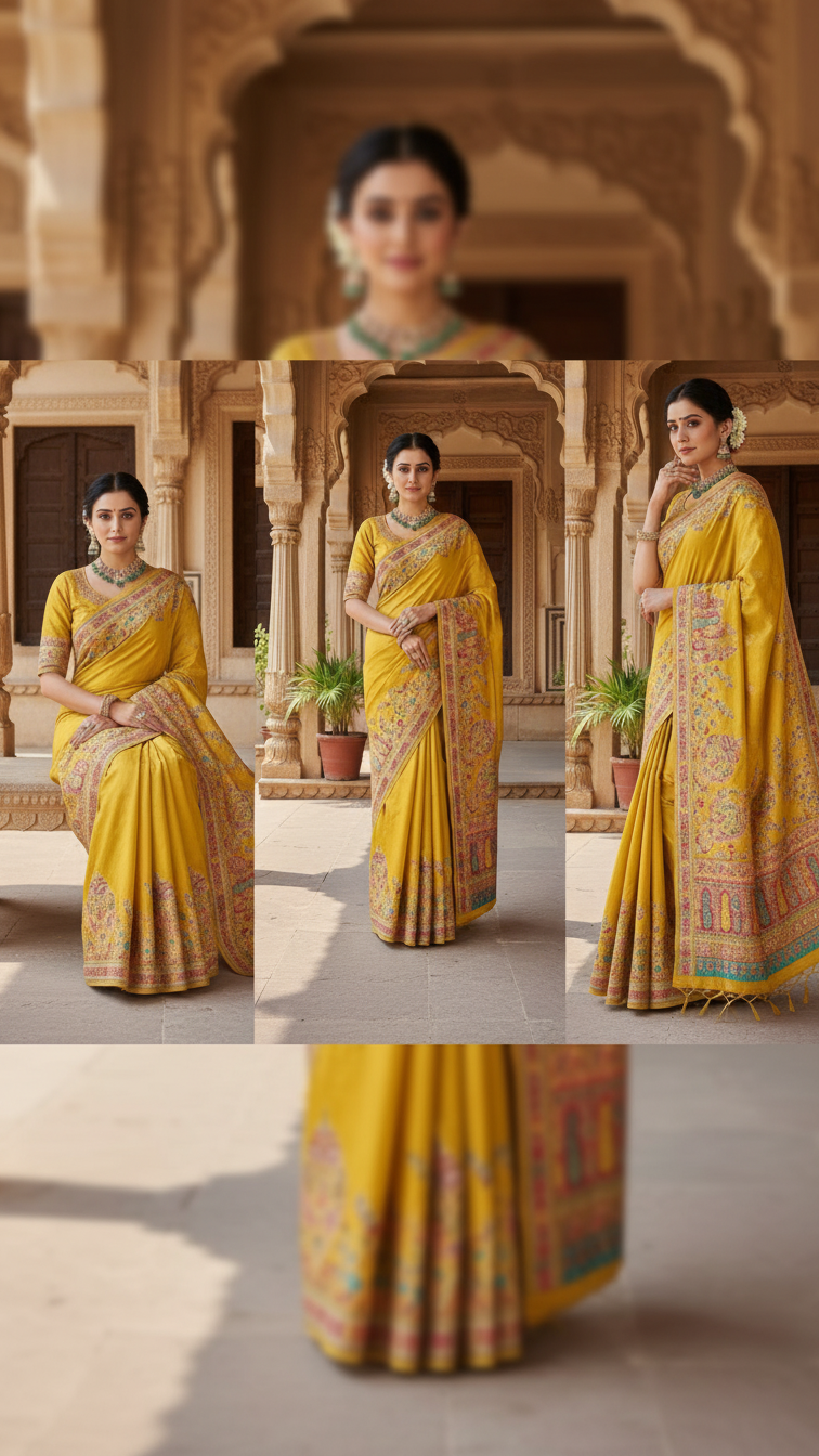 Yellow Jacquard Viscose Saree With Position print