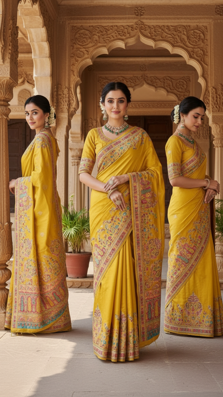 Yellow Jacquard Viscose Saree With Position print