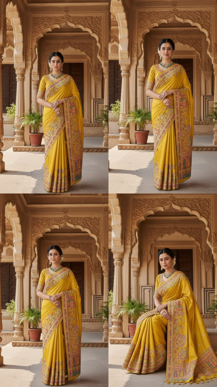 Yellow Jacquard Viscose Saree With Position print