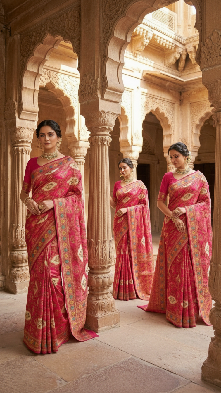 Multi Rani Satin Silk Saree with Position Print