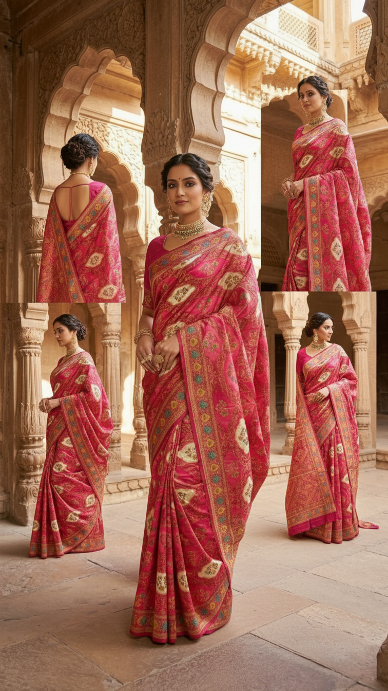 Multi Rani Satin Silk Saree with Position Print