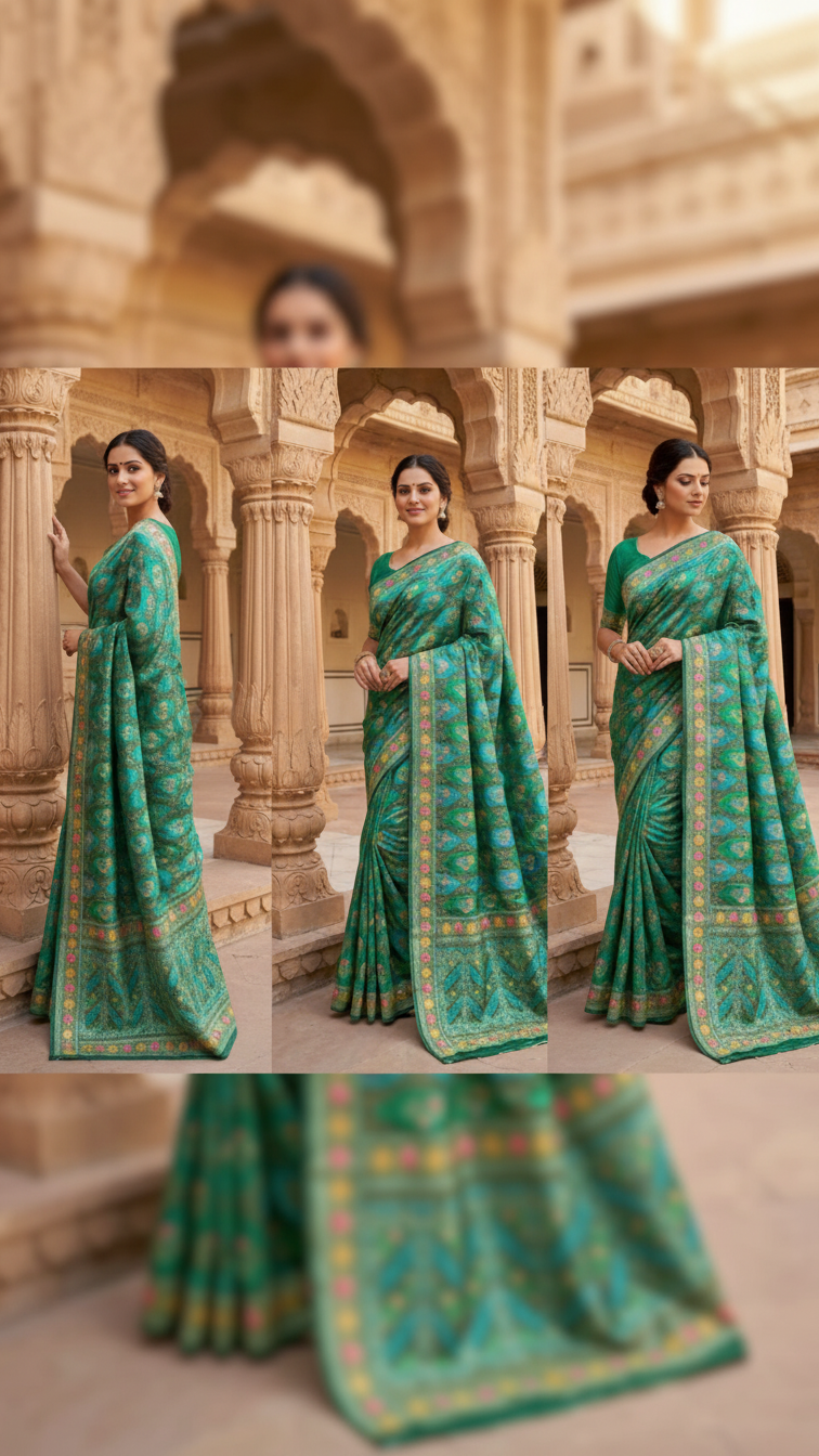 Rama Satin Silk Saree with Position Print
