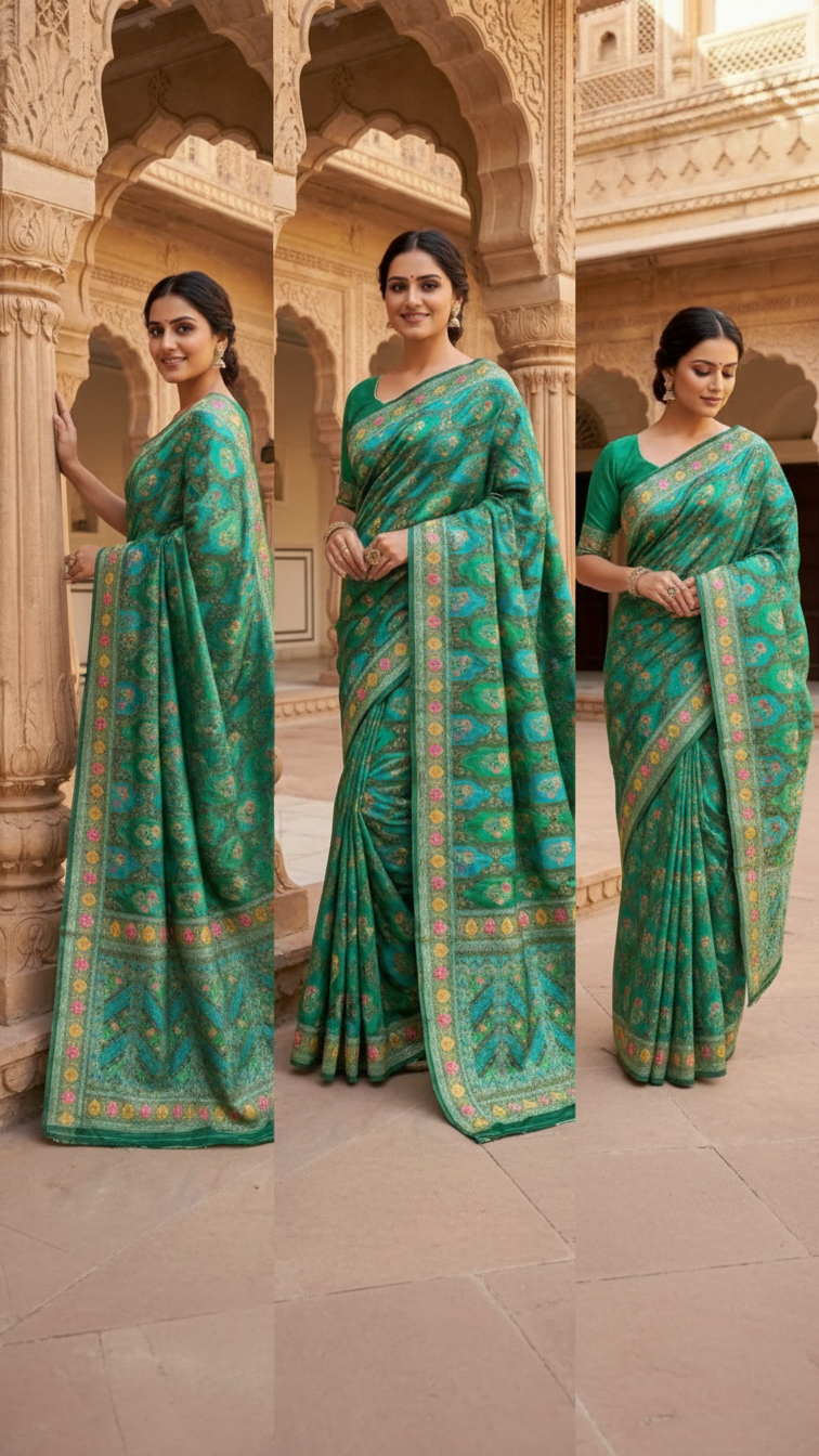 Rama Satin Silk Saree with Position Print