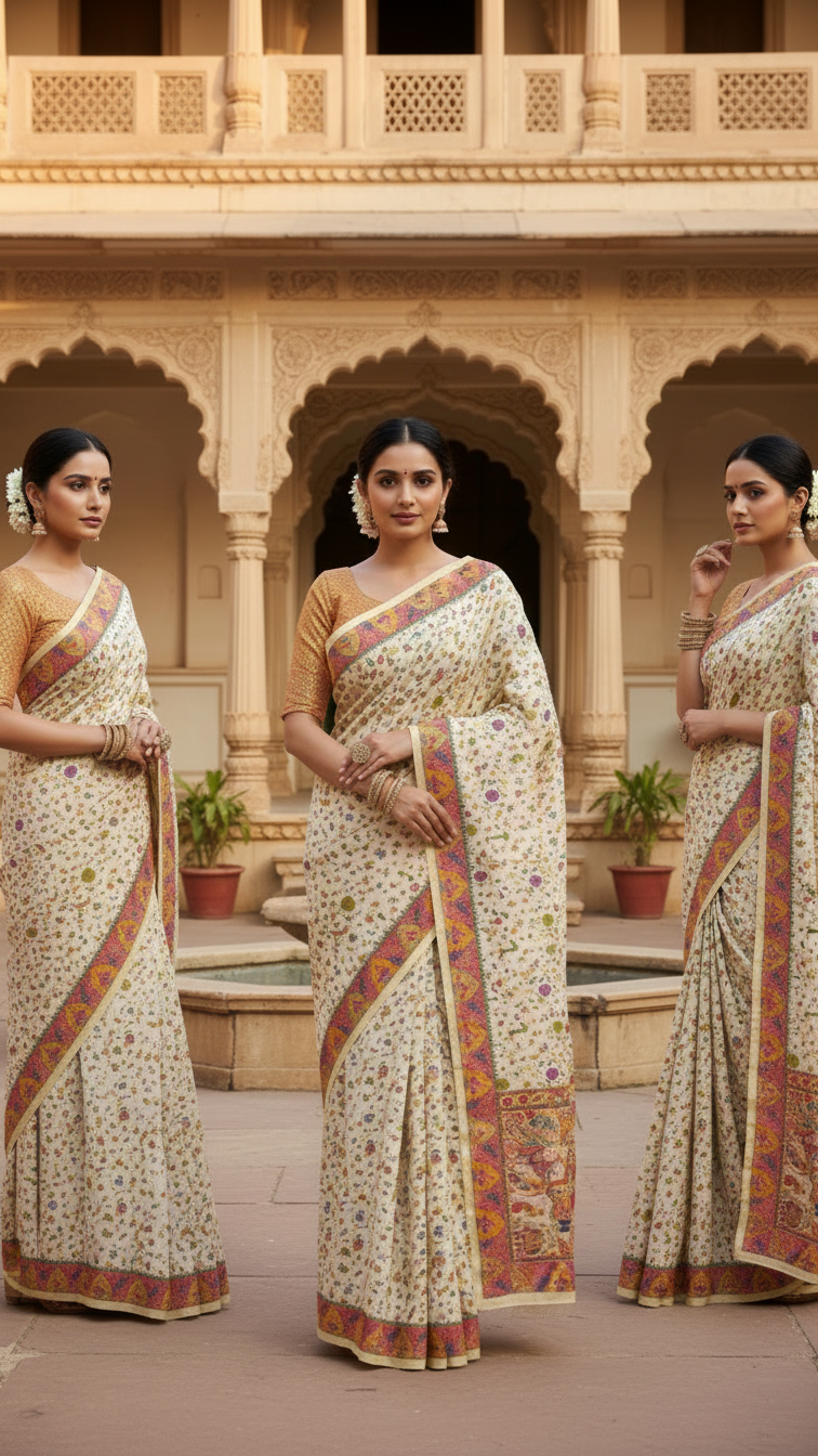 Dola silk Cream  jacquard viscose Saree with Multicolor Floral Border