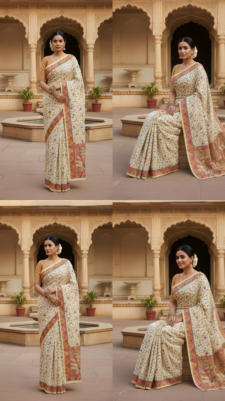 Dola silk Cream  jacquard viscose Saree with Multicolor Floral Border