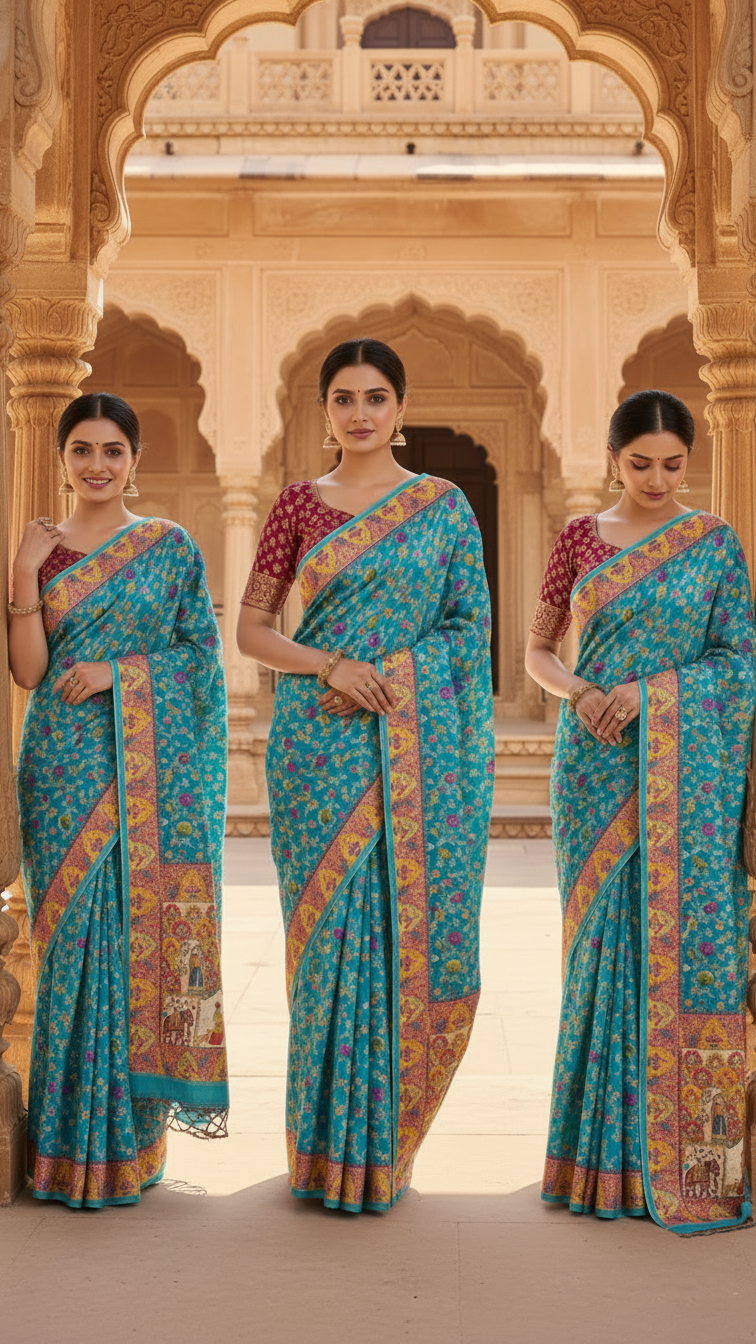 Dola silk Patrol blue jacquard viscose Saree with Multicolor Floral Border