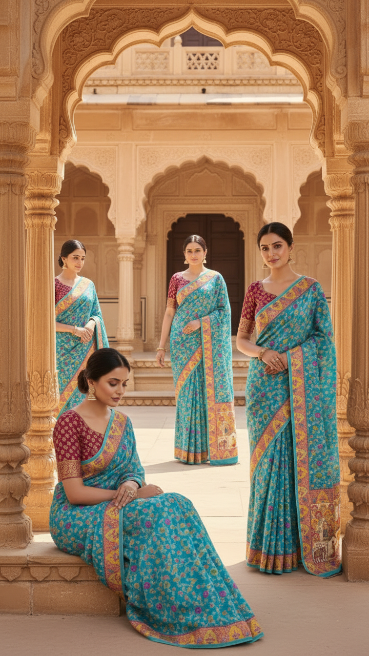 Dola silk Patrol blue jacquard viscose Saree with Multicolor Floral Border