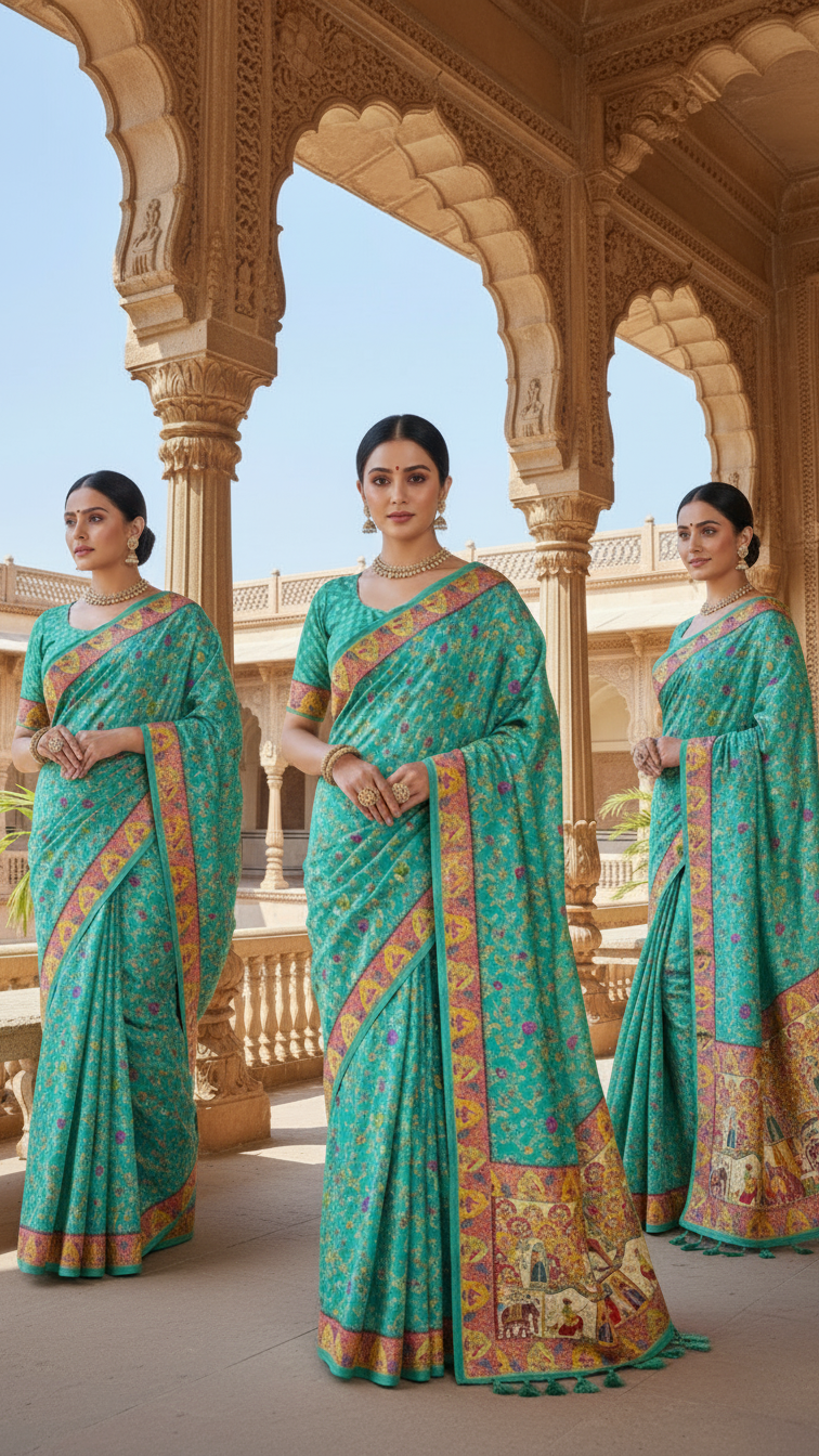 Dola silk Rama jacquard viscose Saree with Multicolor Floral Border