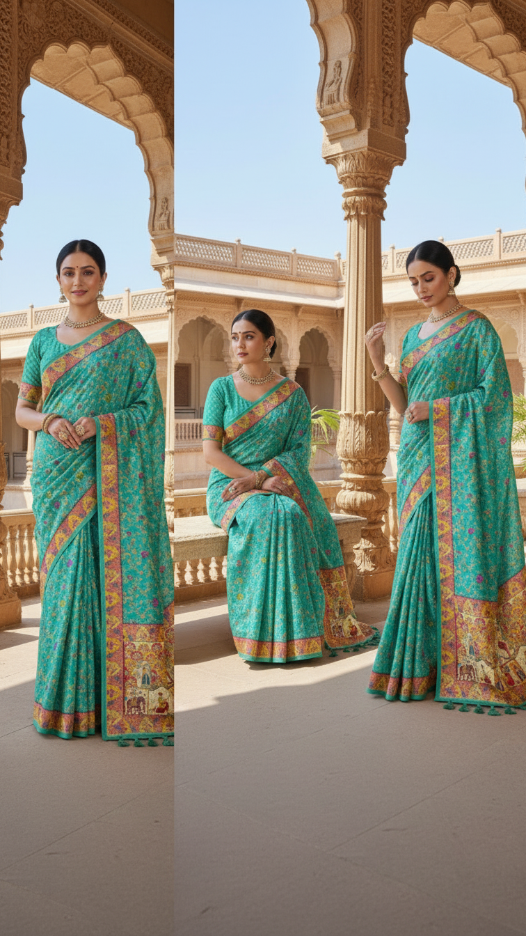 Dola silk Rama jacquard viscose Saree with Multicolor Floral Border