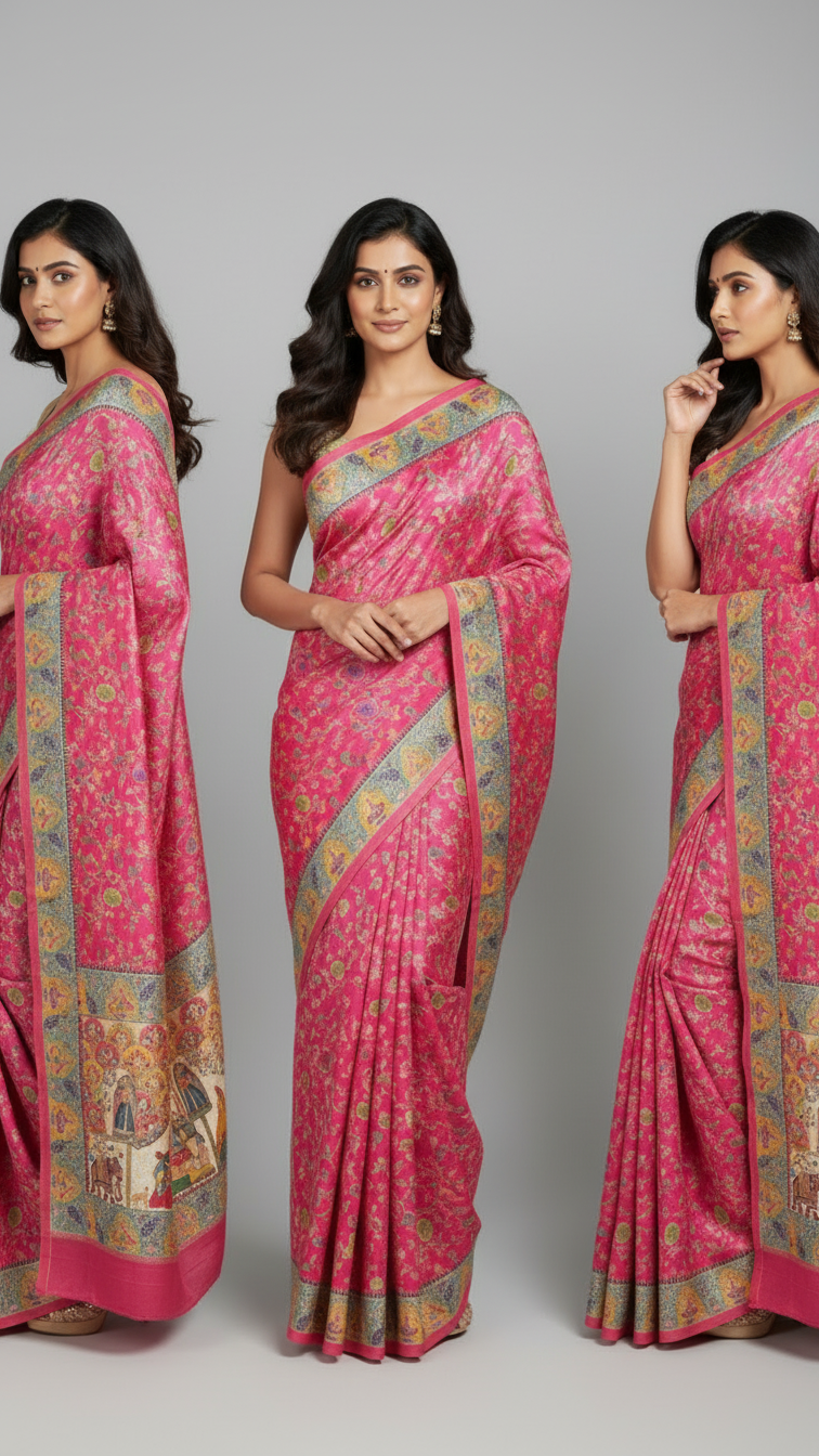 Dola silk Rani jacquard viscose Saree with Multicolor Floral Border