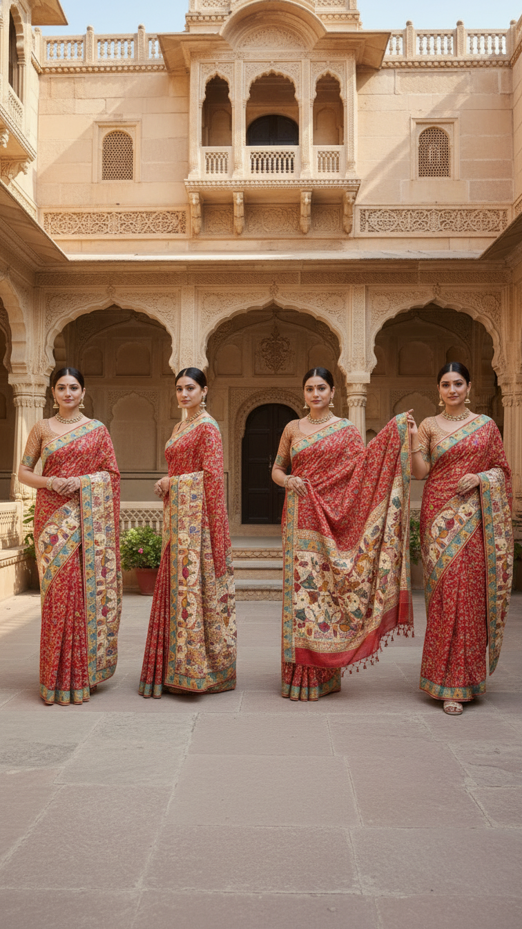 Dola silk red  jacquard viscose Saree with Multicolor Floral Border