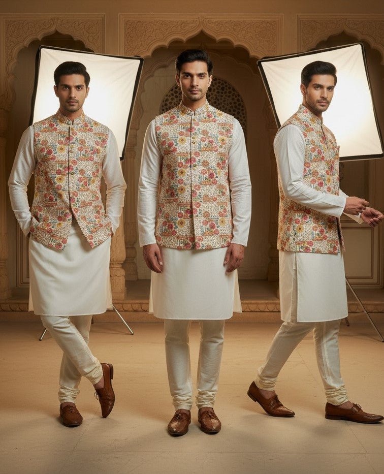Designer Position Print Nehru Jacket Koti Only Fabric