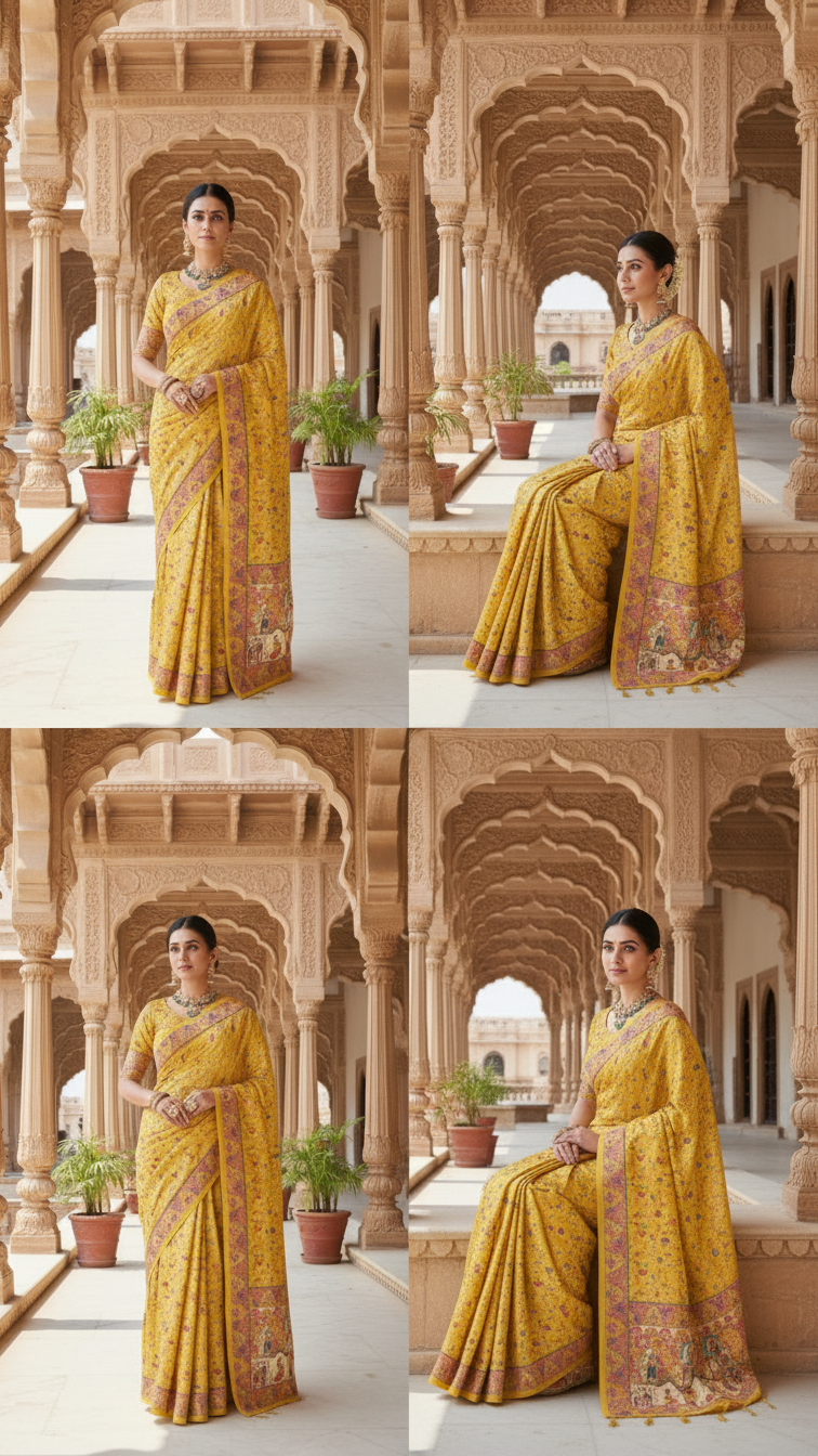 Dola silk Yellow  jacquard viscose Saree with Multicolor Floral Border