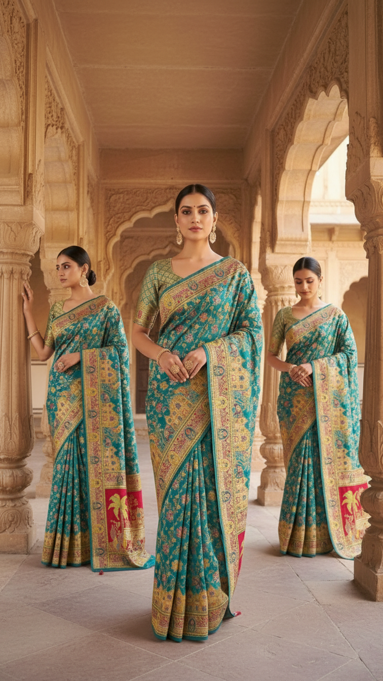 Dola silk Rama jacquard viscose Saree with Multicolor Floral Border