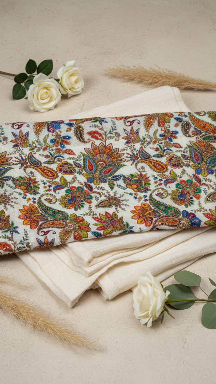 Men's Multicolor Crepe Position Print embroidery Kurta Only Fabric