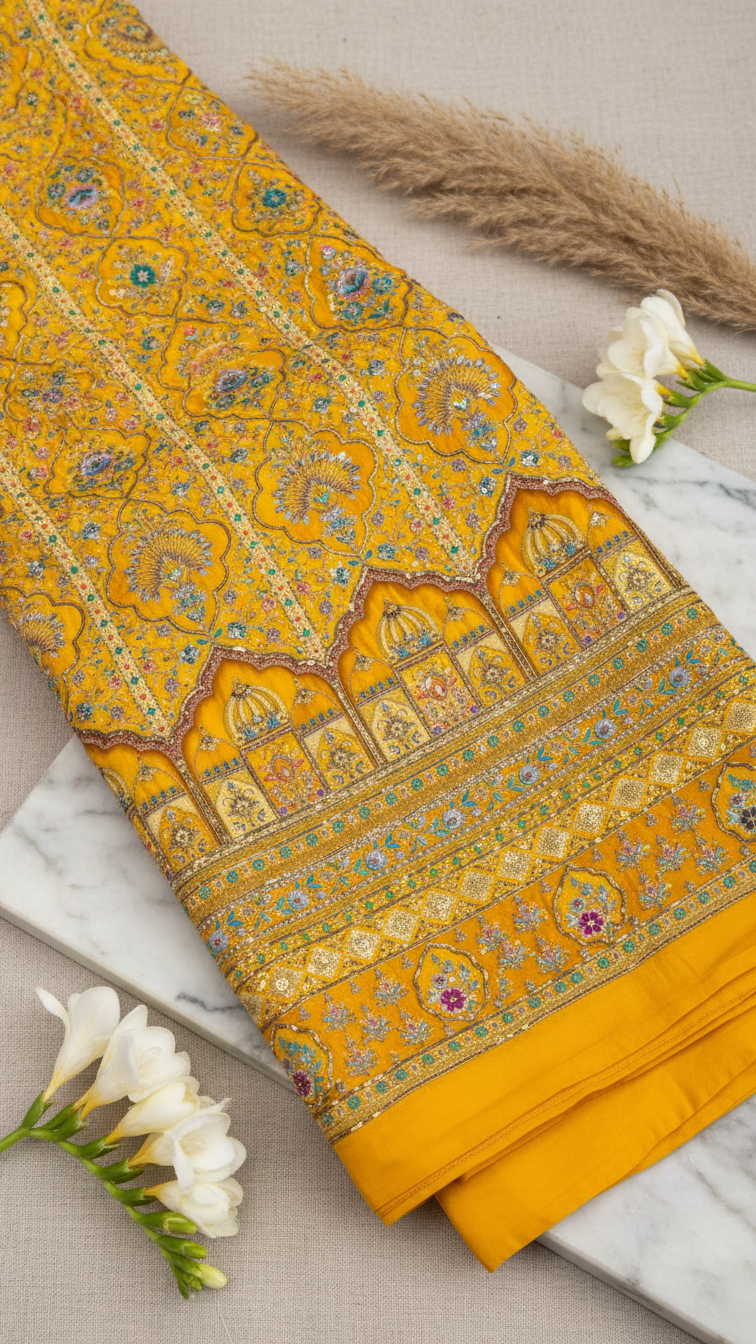 Royal Mustard Yellow Embroidered Bridal Lehenga Set Only Fabric