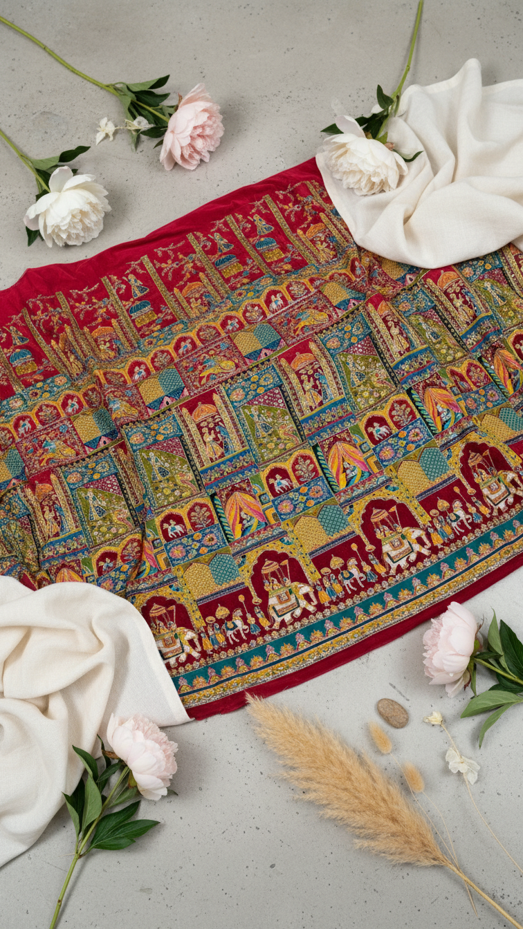 Red Colour Position Print Blouse Only Fabric