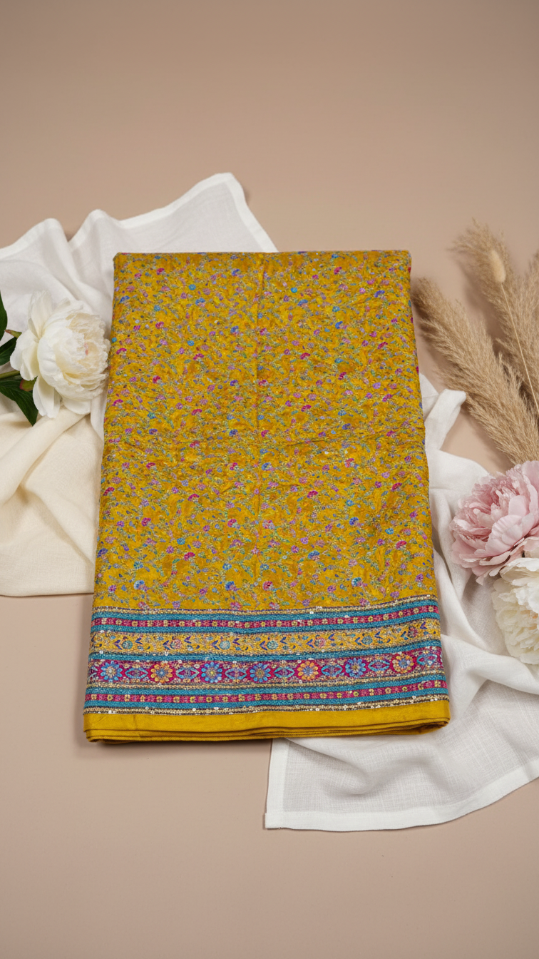 Zari with Sequins Floral Position Print On Mustad Pure Crepe Fabric