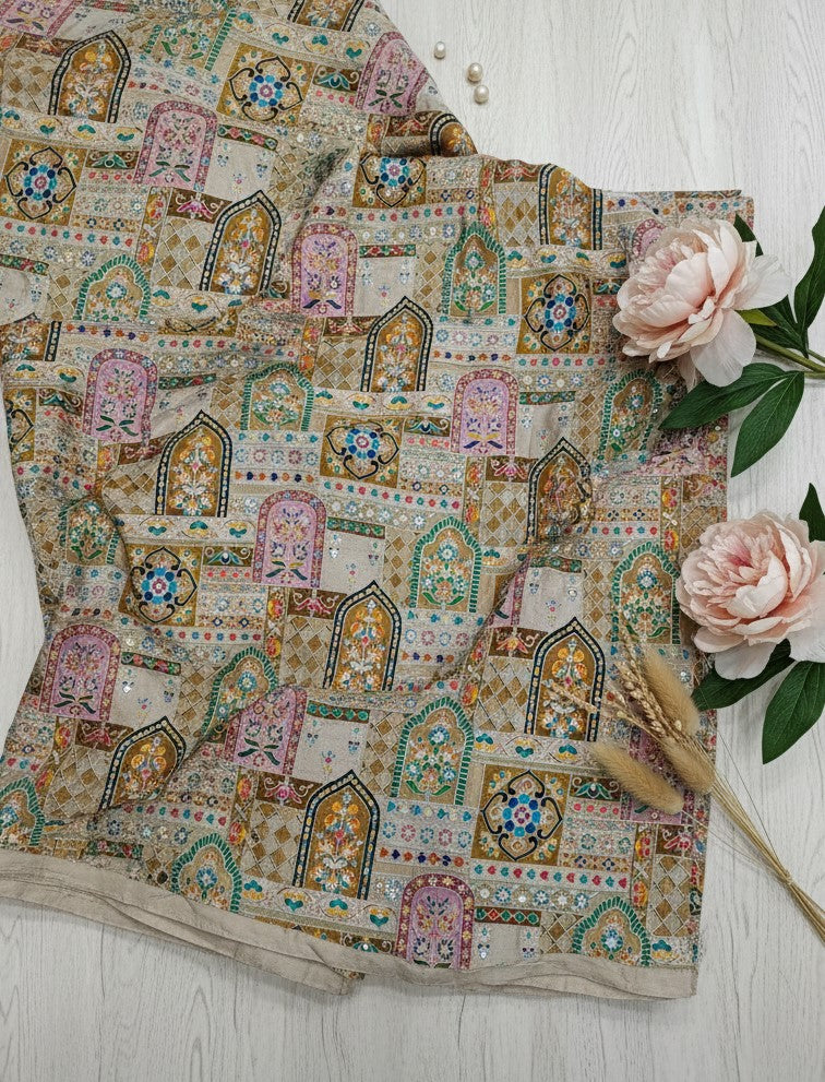 Light Sand Gold Embroidery Crepe Fabric
