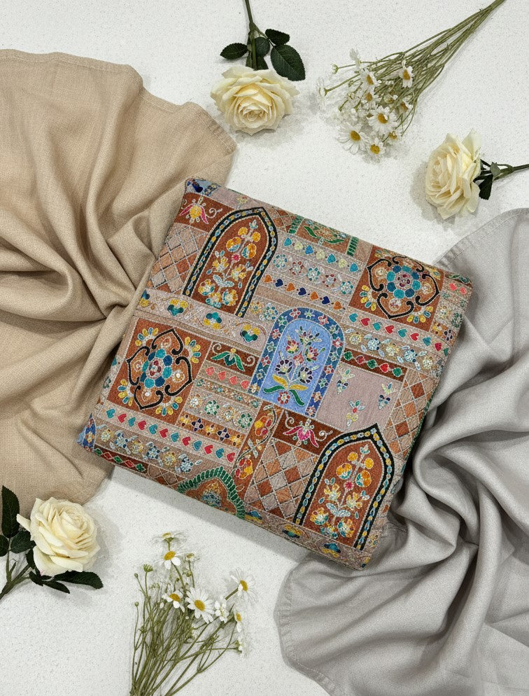 Peach Embroidery Crepe Fabric