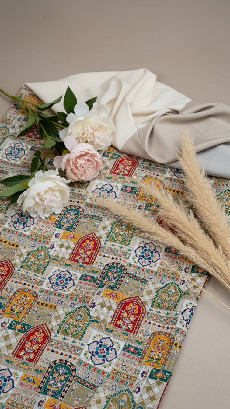 Warm Beige Embroidery Crepe Fabric