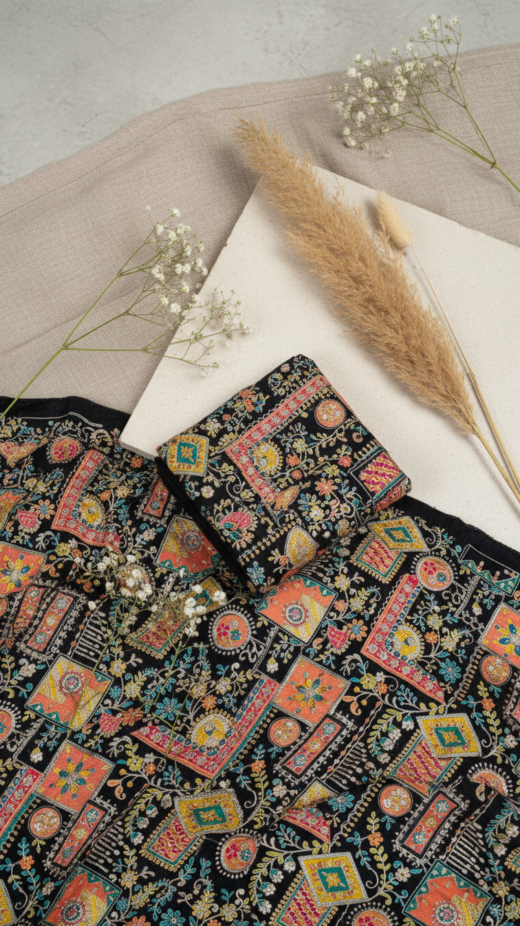 Position Print Embroidery Crepe Fabric